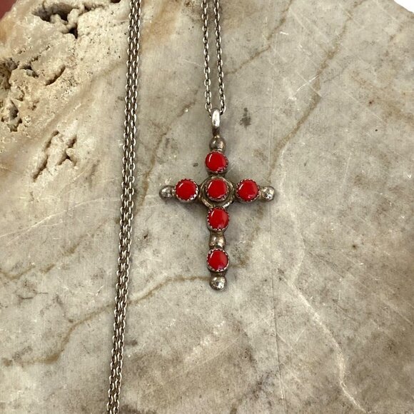 VTG Sterling Silver 925 Southwest Coral Multi Stone Cross Pendant Necklace 16" - Picture 3 of 16